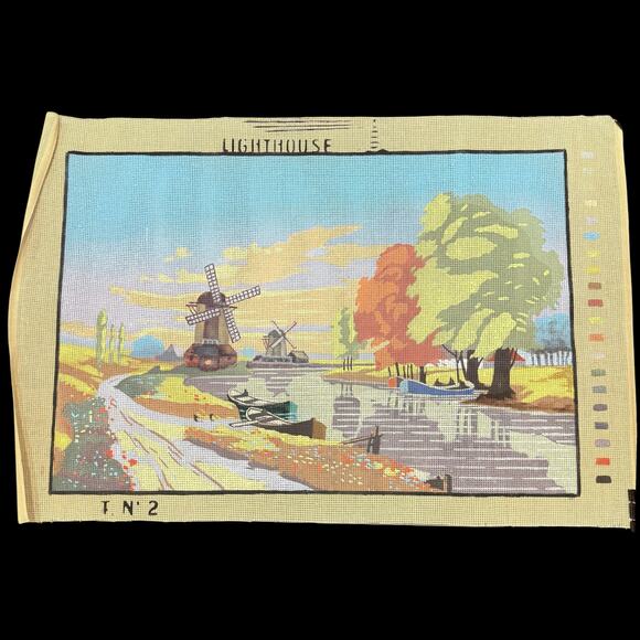 Vintage Needlepoint Canvas Windmills River Scene Unstitched T N 2 Lighthouse - Picture 1 of 9